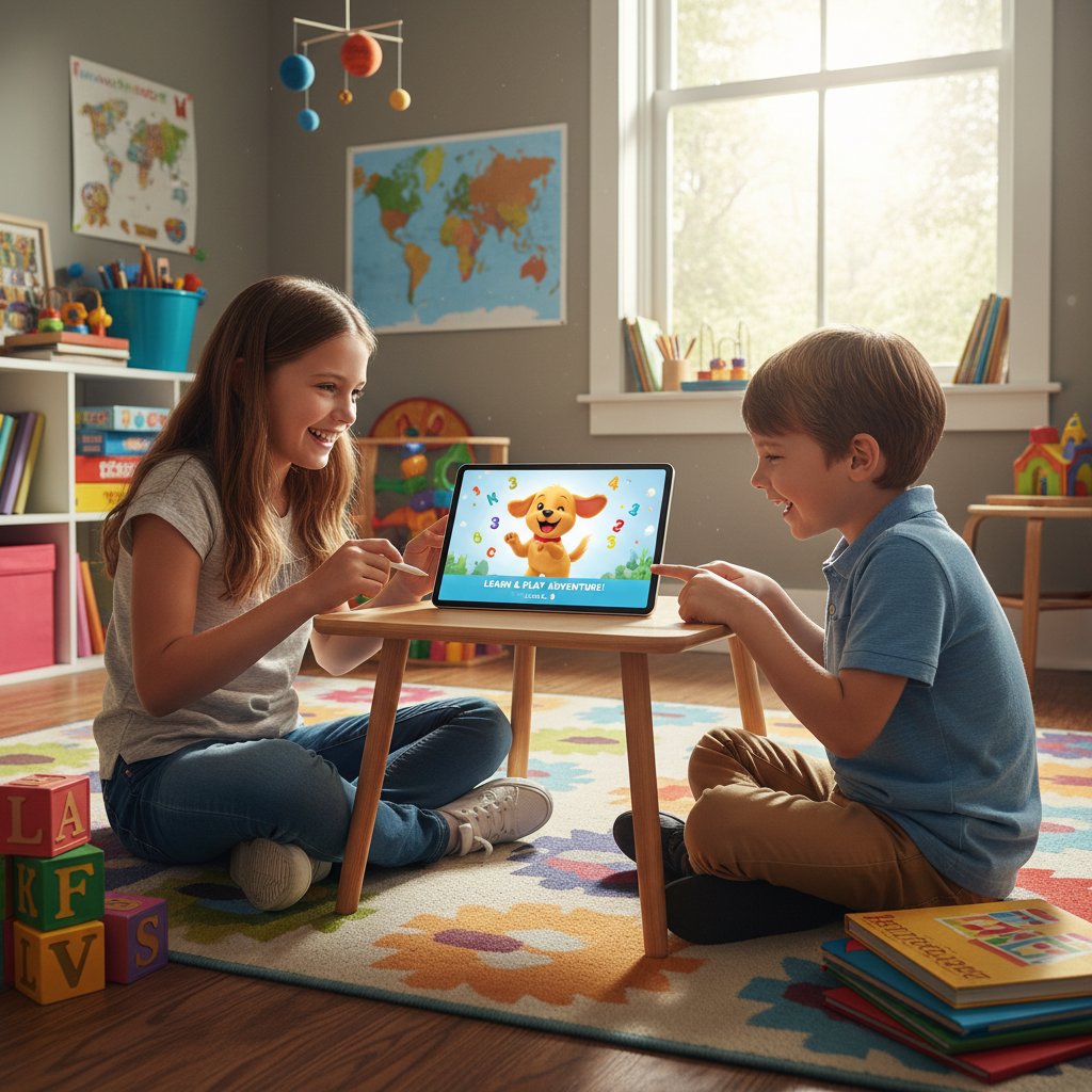 Zwei Kinder spielen gemeinsam mit virtuellem Hund auf Tablet im Kinderzimmer, Keywords: Kindererziehung, Bildung, virtuelle Haustiere