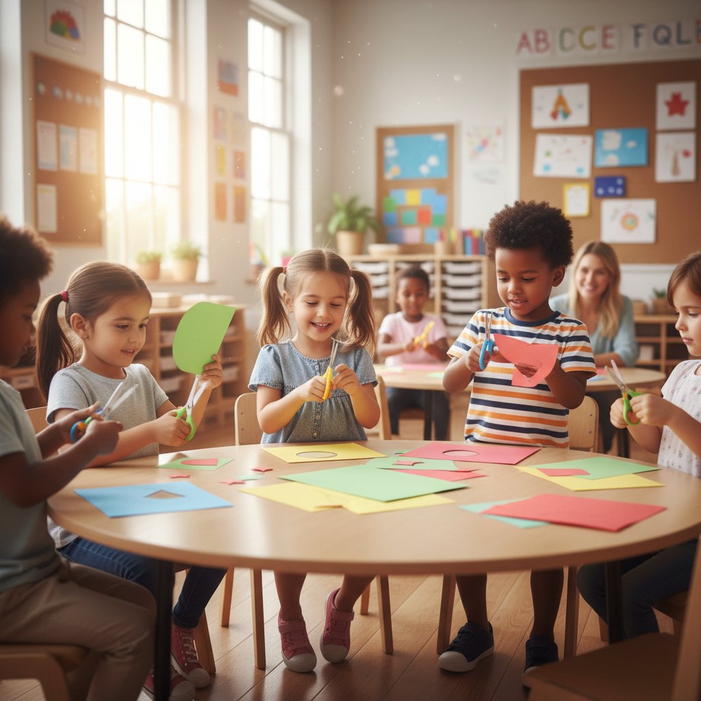 Dzieci używające bezpiecznych nożyczek w jasnej klasie