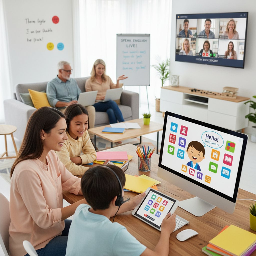 Dzieci i dorośli uczący się angielskiego, każde w innym stylu, wspólna nauka online