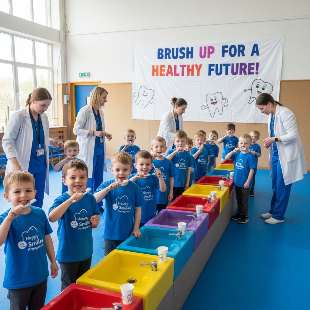 Zdjęcie dzieci szczotkujących zęby podczas zajęć szkolnych