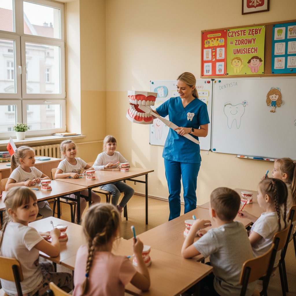 Zdjęcie dzieci w szkolnej ławce z zestawem do higieny jamy ustnej, porównanie Polska-Europa