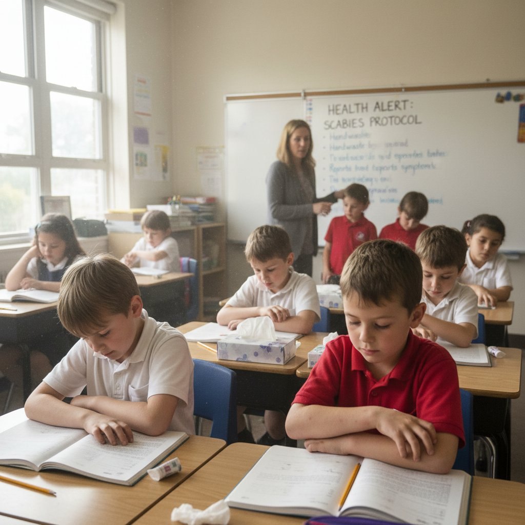 Dzieci siedzą w szkolnej ławce, jedna osoba drapie rękę – świerzb w szkołach, ogniska epidemii