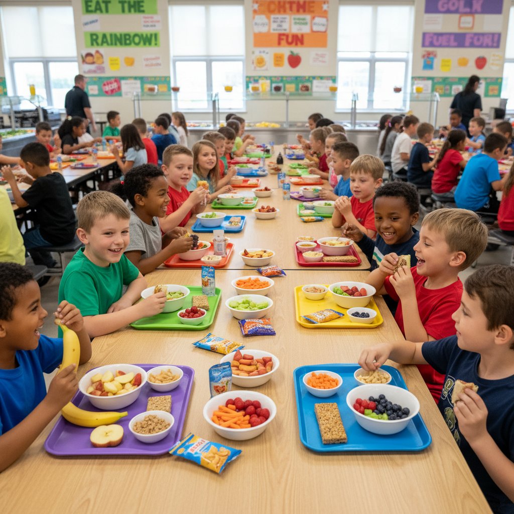 Grupa dzieci jedzących przekąski w szkolnej stołówce, różnorodne produkty