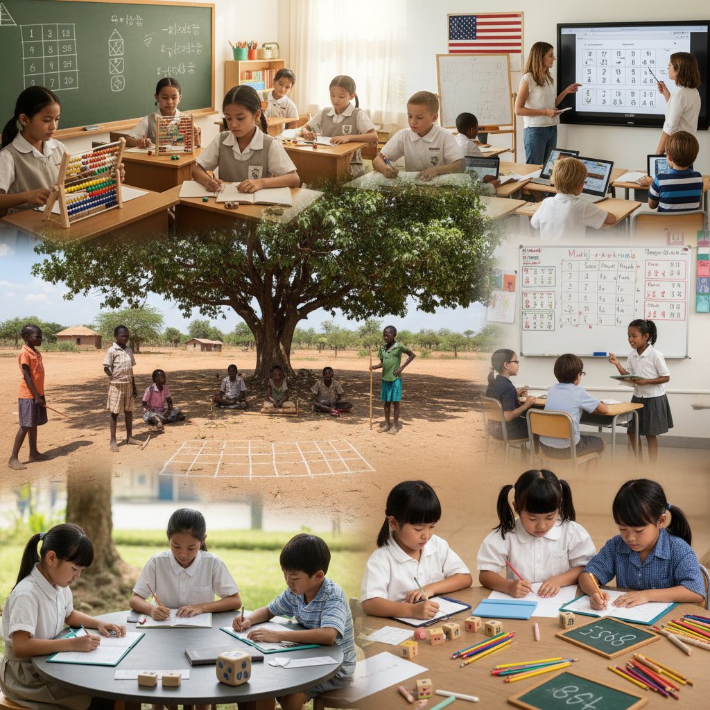 Dzieci uczące się tabliczki mnożenia w różnych krajach, różne narzędzia edukacyjne
