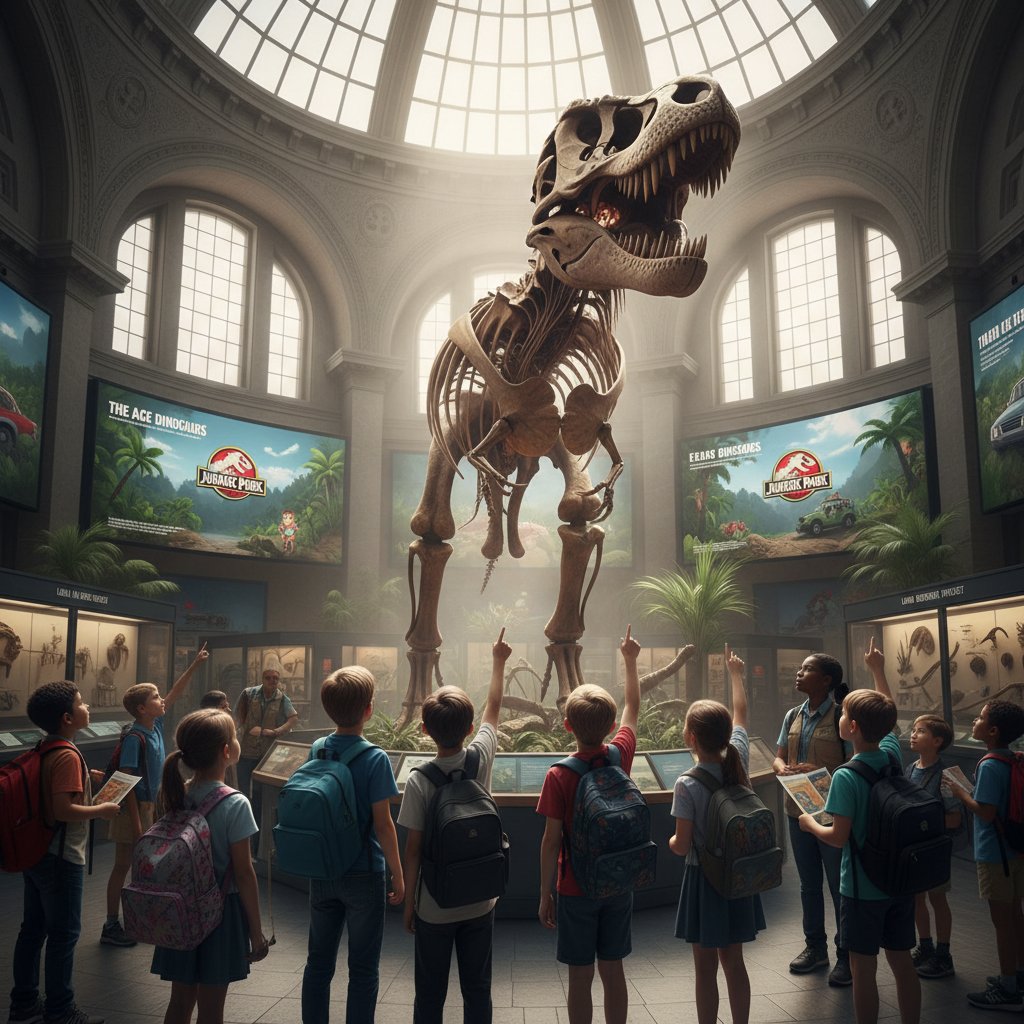 Children at natural history museum looking at dinosaur skeleton, inspired by Jurassic Park movies, educational impact