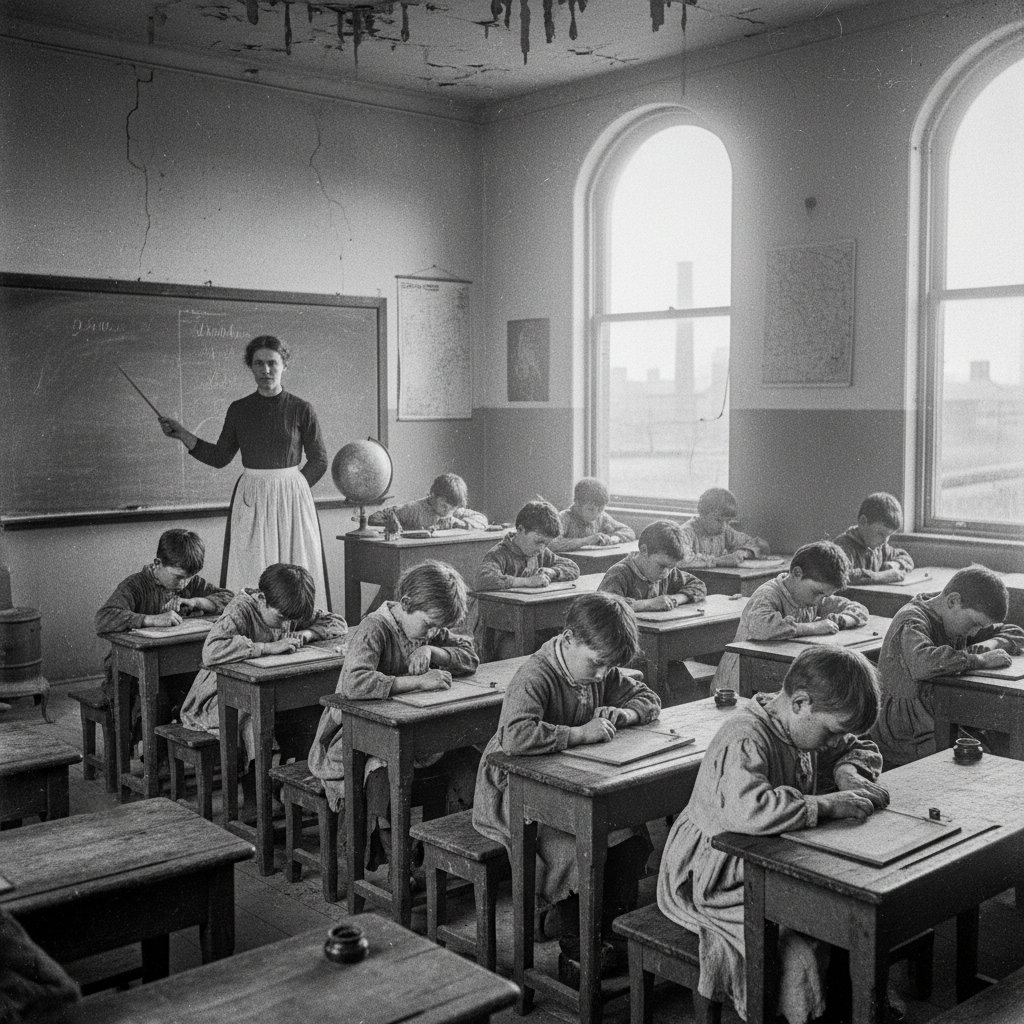 Czarno-białe zdjęcie dzieci w szkole z lat 60-tych – świerzb w PRL, historia