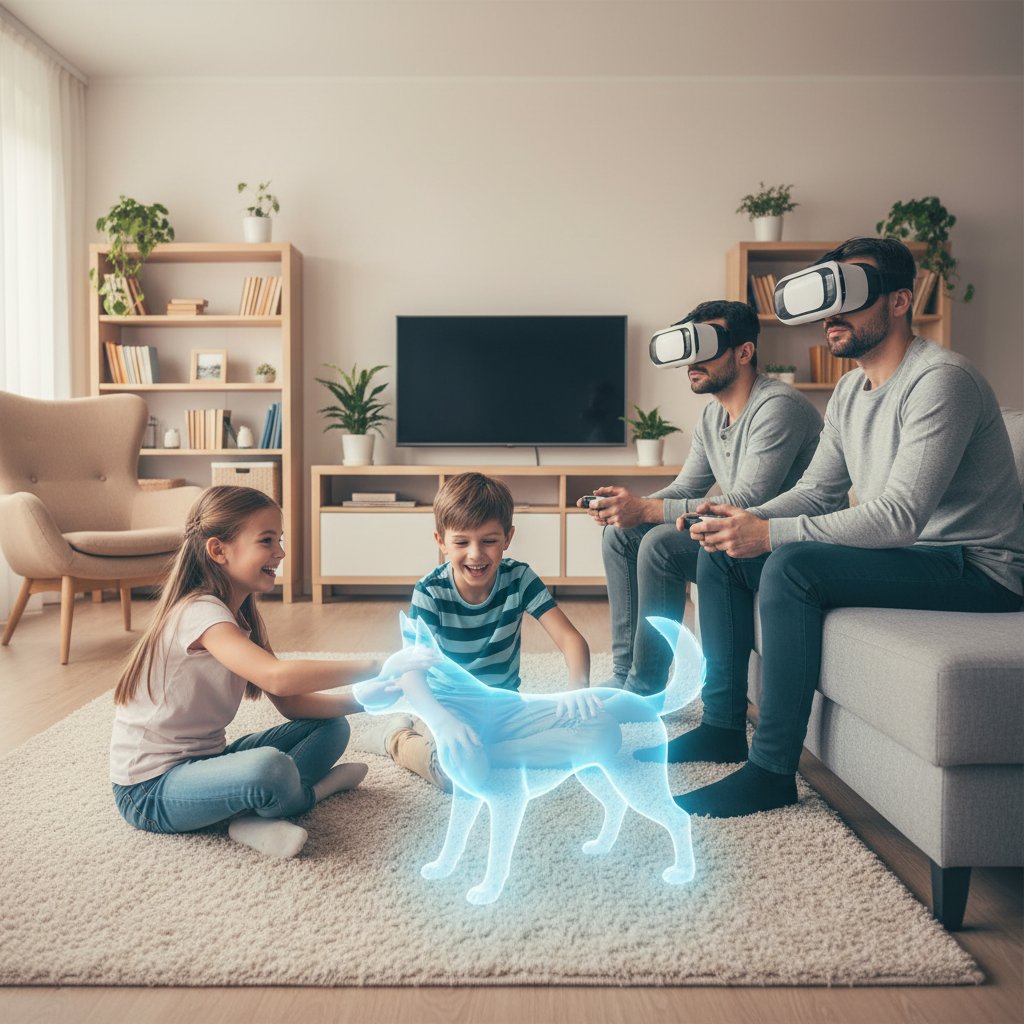 Dzieci i rodzice przy wirtualnym psie w salonie, mieszane emocje, codzienność z symulatorem psa