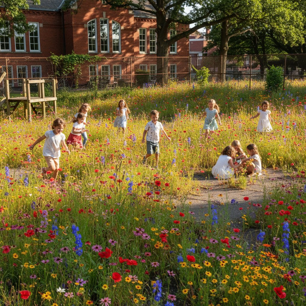 Dzieci bawiące się przy łące kwietnej – szkolne boisko, kolorowe kwiaty, radość