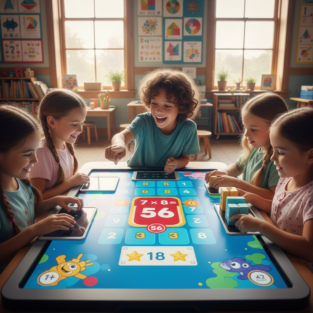 Dzieci grające w gry edukacyjne do nauki tabliczki mnożenia