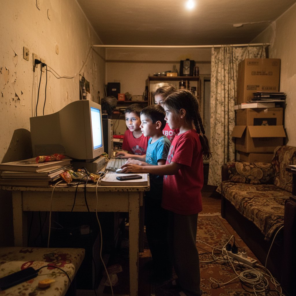 Dzieci korzystające z jednego komputera w małym mieszkaniu, wykluczenie cyfrowe