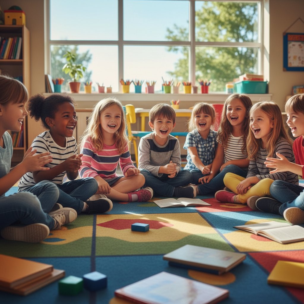 Dzieci siedzące w kręgu podczas zajęć szkolnych, otwarta rozmowa o emocjach, pozytywna atmosfera