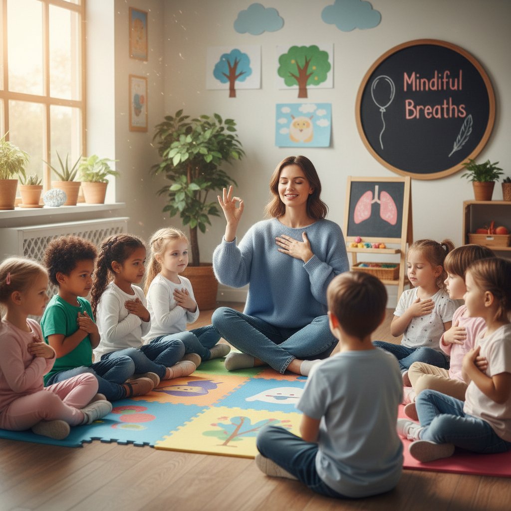 Dzieci oraz nauczycielka podczas ćwiczenia oddechowego w sali lekcyjnej, atmosfera skupienia