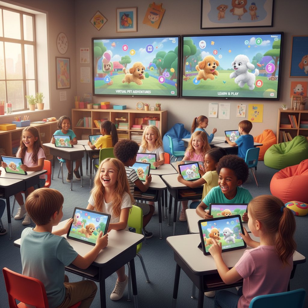 Dzieci uczące się z pomocą wirtualnego psa w klasie