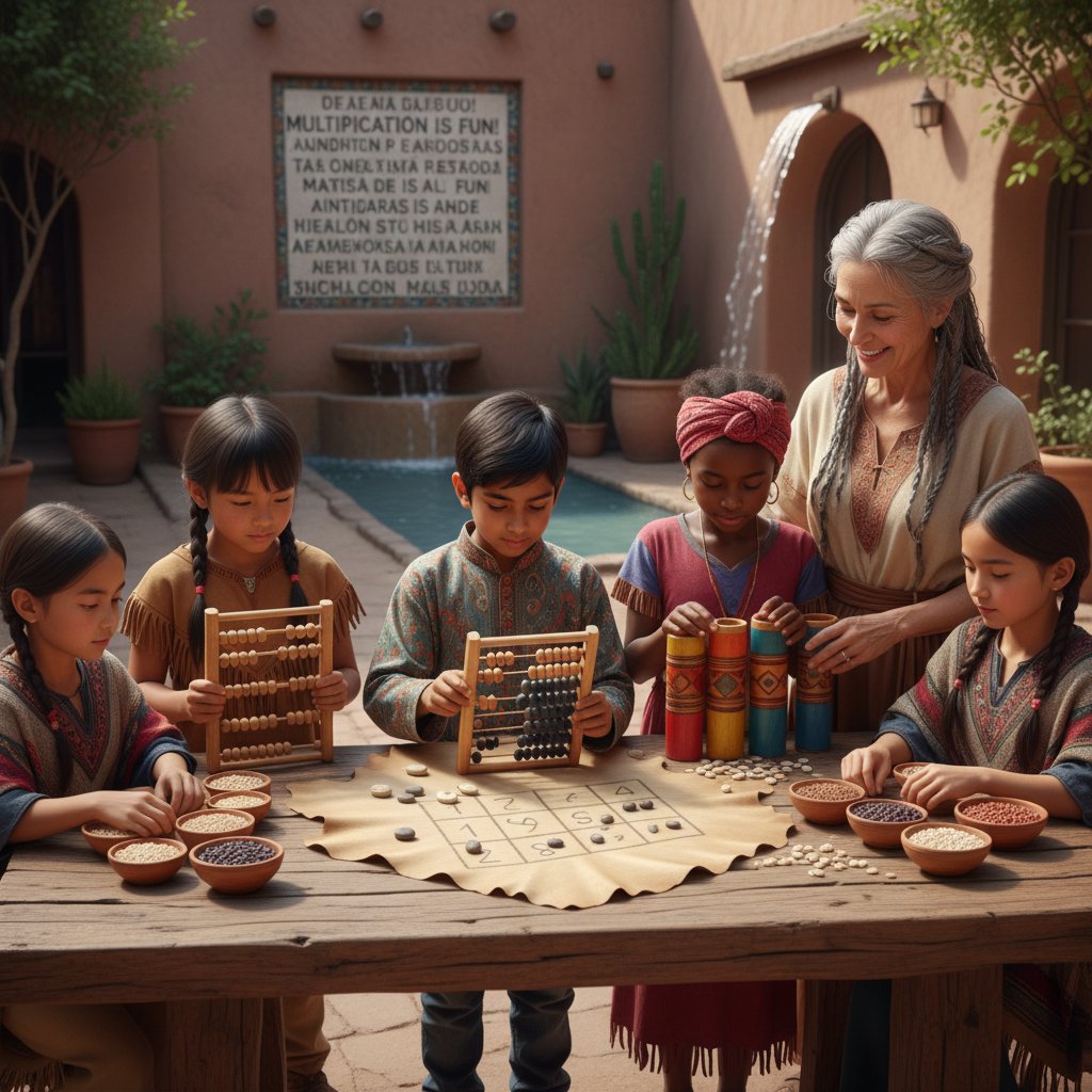 Dzieci używające nietypowych narzędzi do nauki mnożenia z różnych kultur, różnorodność edukacyjna