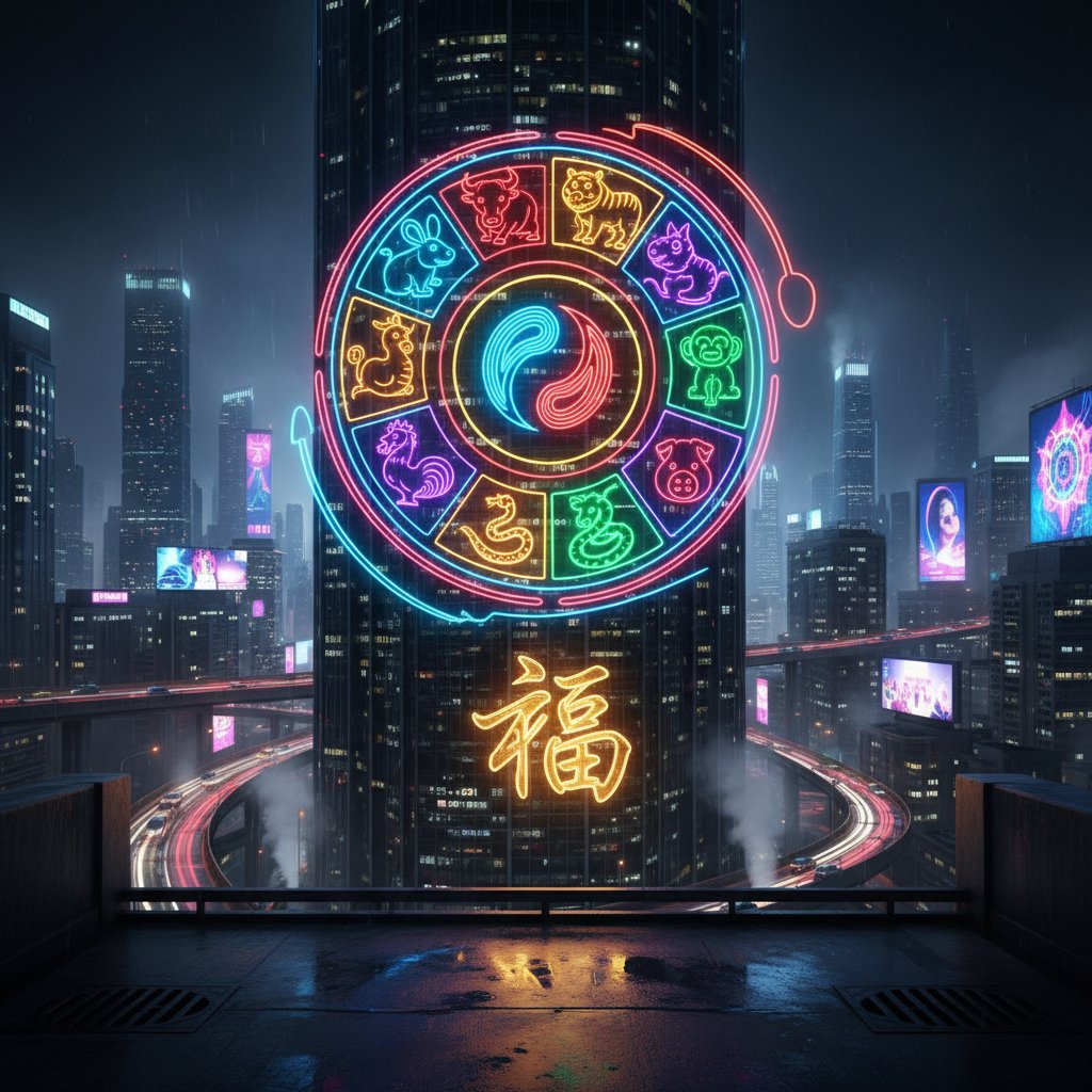 Koło chińskiego zodiaku w neonowym świetle, nowoczesny klimat