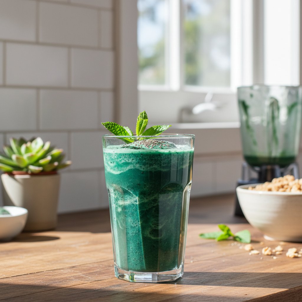 Kobieta przygotowująca smoothie z proszkiem chlorelli w domowej kuchni