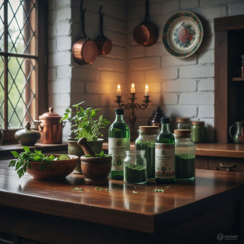 Zbliżenie na różne produkty z chlorofilem na surowym blacie kuchennym, nastrojowe światło, polski dom