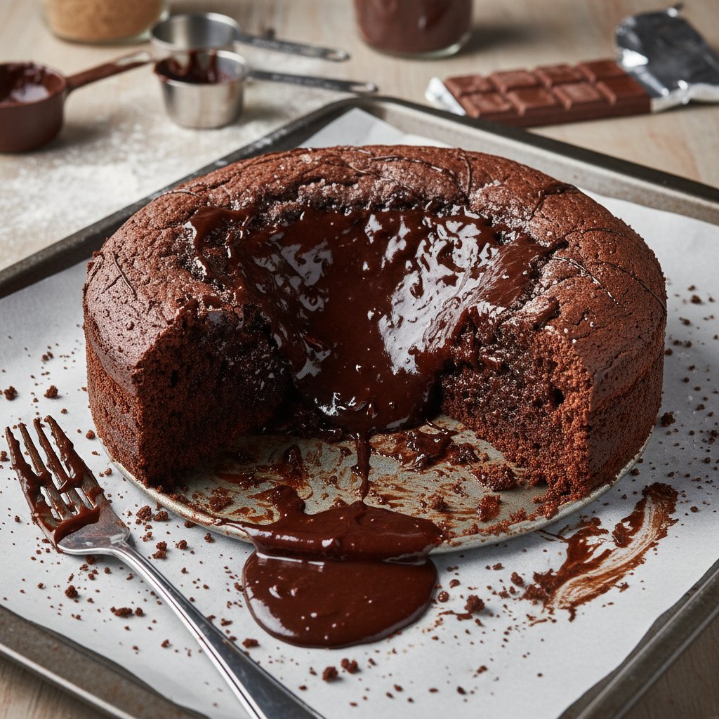 Przekrój zakalca – ciasto czekoladowe z widocznym, surowym środkiem