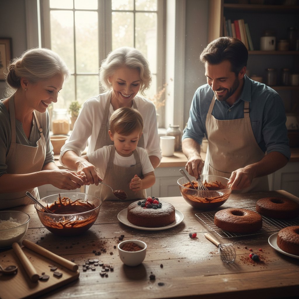 Rodzinne pieczenie ciasta czekoladowego w domowej kuchni – różne pokolenia przy stole
