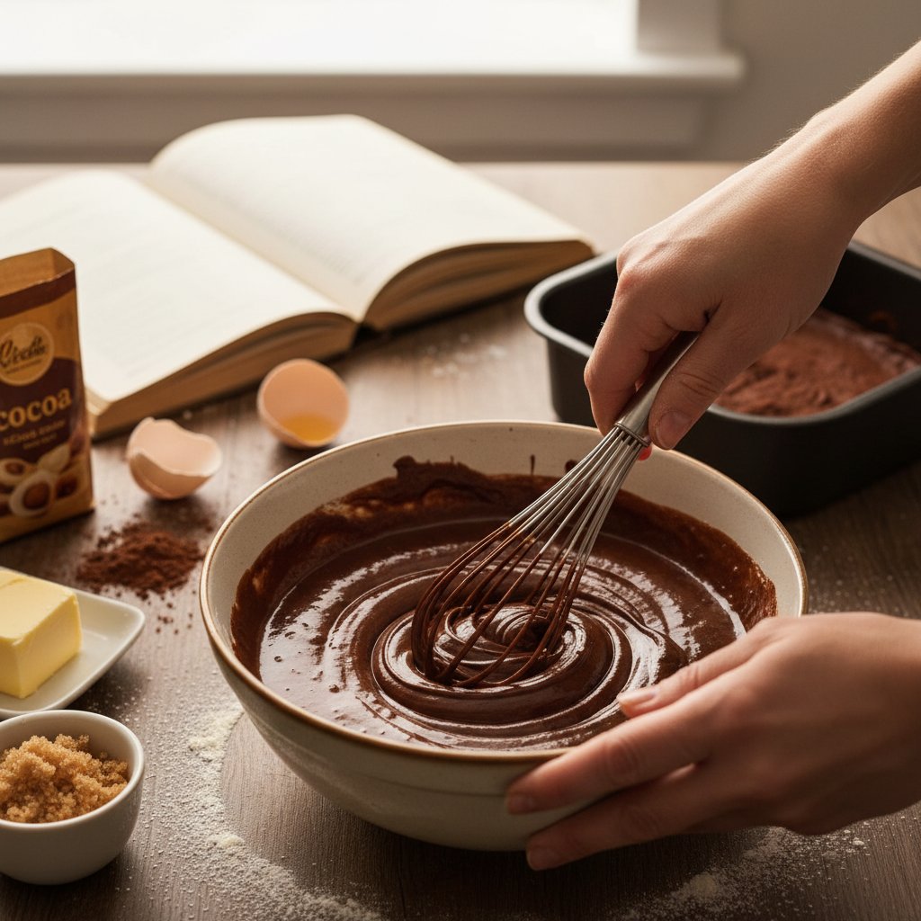 Domowe ciasto czekoladowe w trakcie przygotowania – mieszanie masy ręcznie, z bliska