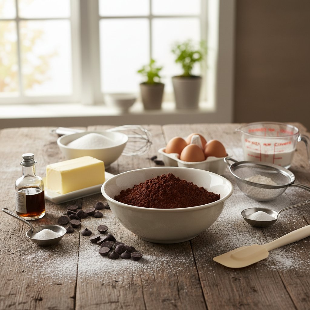 Starannie dobrane składniki na ciasto czekoladowe – produkty w naturalnym świetle na drewnianym stole