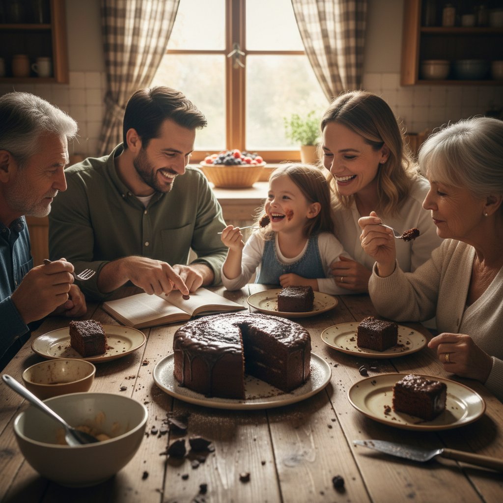 Domowe ciasto czekoladowe w trakcie rodzinnej degustacji – talerzyki, filiżanki i uśmiechnięte twarze