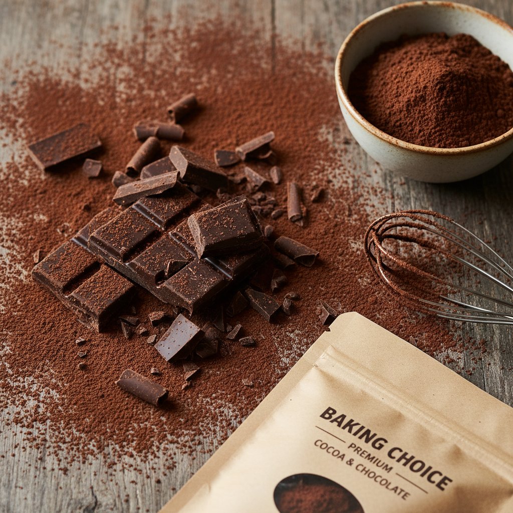 Zbliżenie na kawałki wysokiej jakości czekolady i miseczkę z kakao – wybór składnika do ciasta