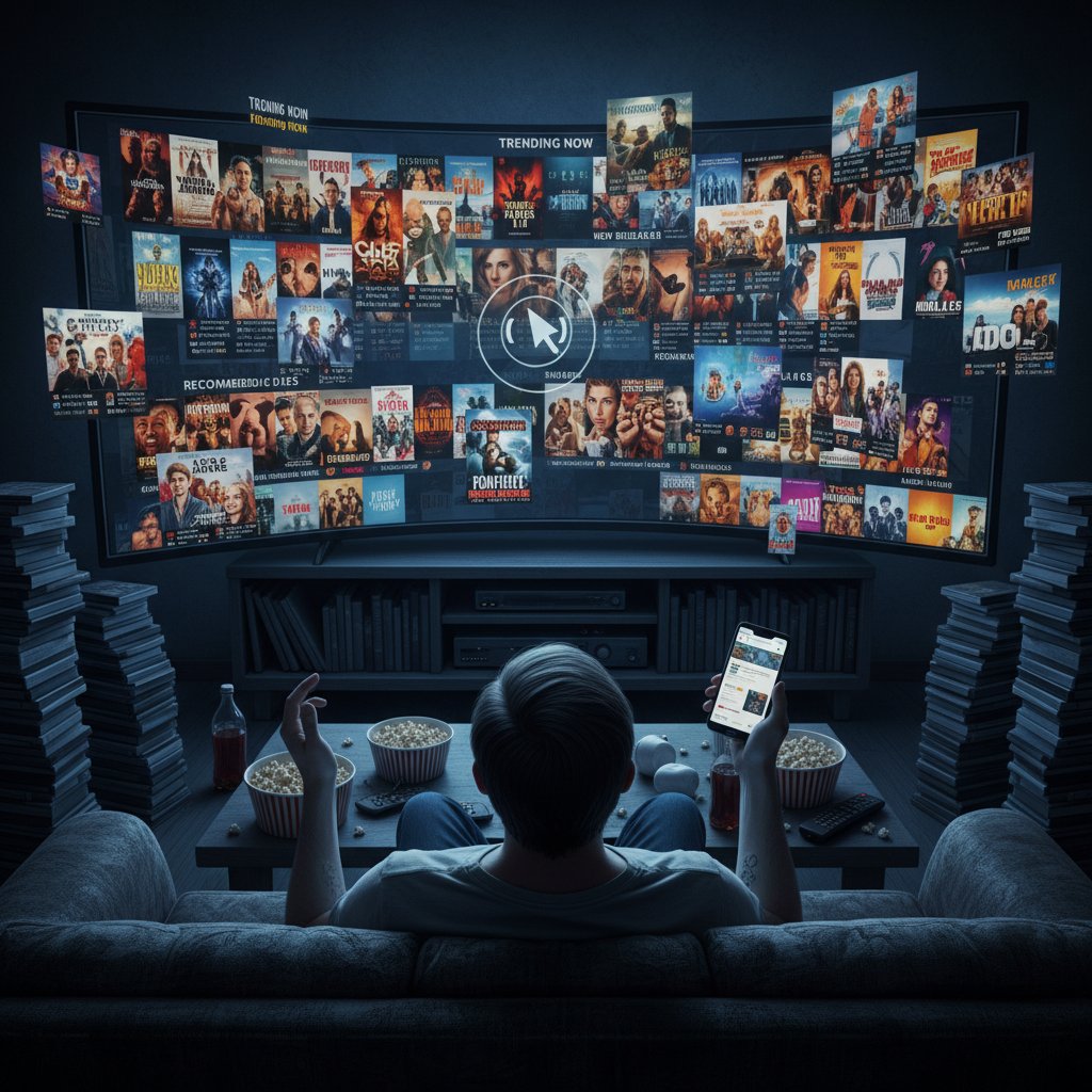 Person surrounded by endless movie choices, visually representing overwhelm