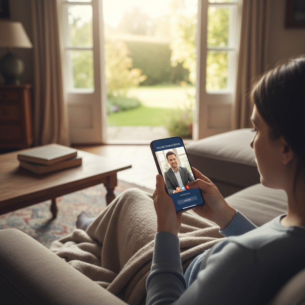 Osoba wybierająca konsultację przez smartfon w domowych warunkach, nowoczesna technologia