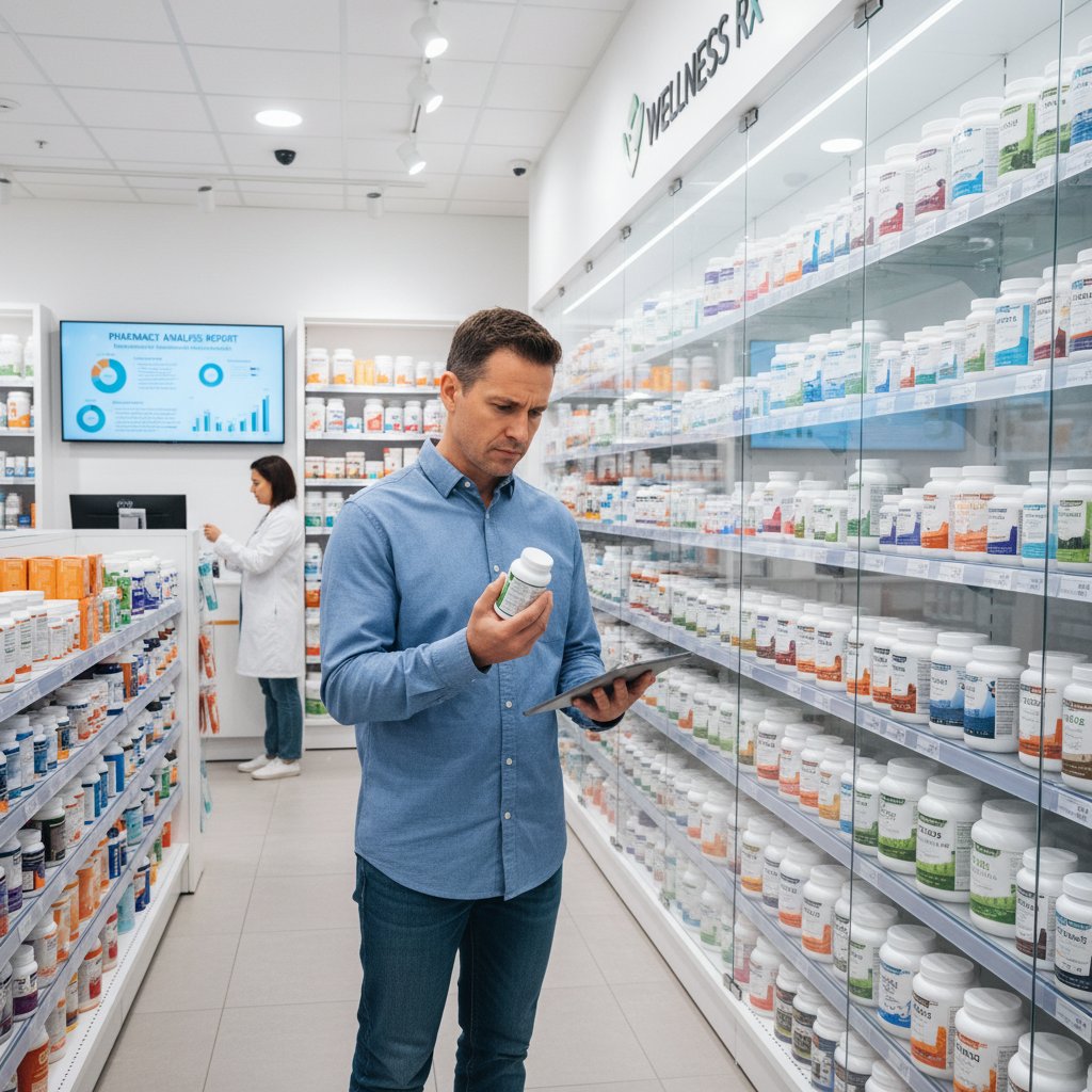 Osoba analizująca etykiety kilku suplementów na tle apteki