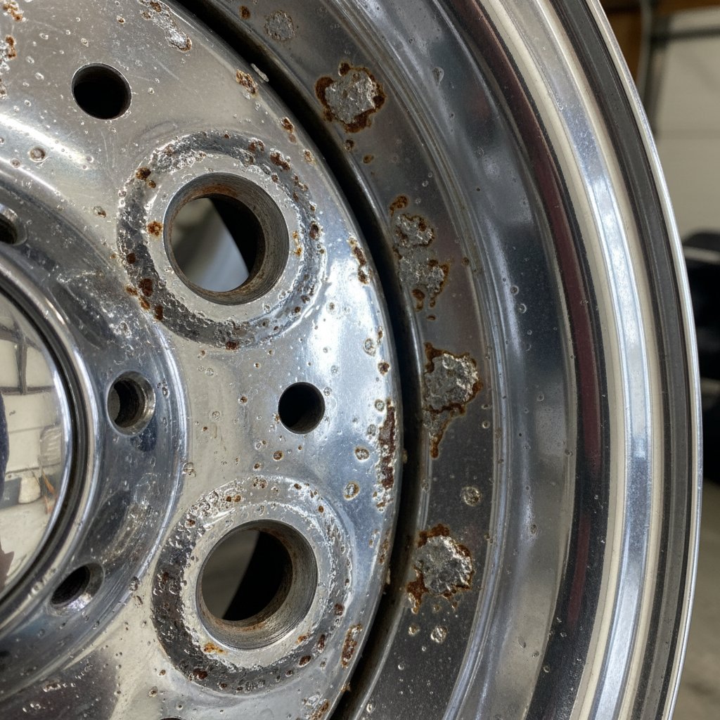 Close-up photo of chrome wheel suffering severe pitting and corrosion damage