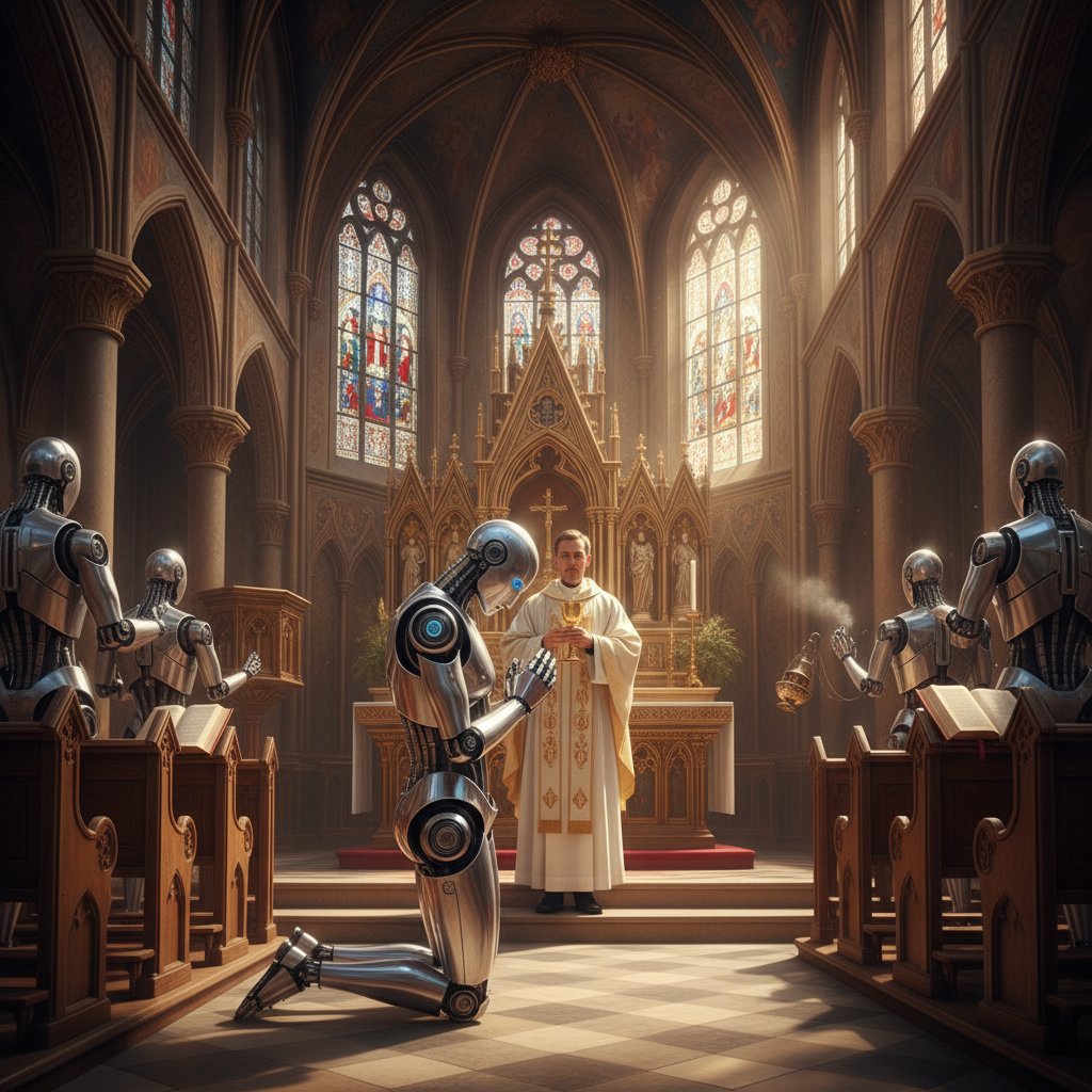 Wnętrze kościoła z humanoidalnym robotem i duchownym podczas nabożeństwa – AI i religia