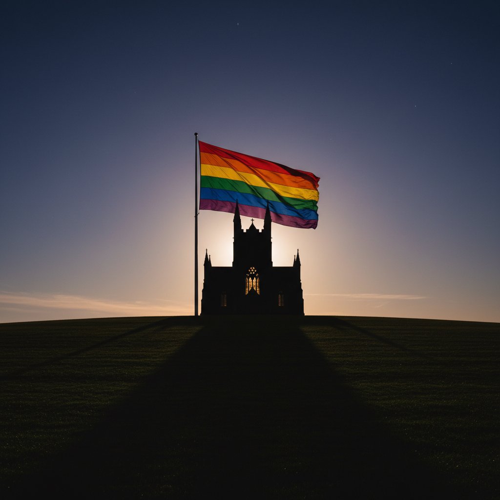 Kościół i tęczowa flaga w cieniu – symbol wpływu religii na postawy wobec LGBT
