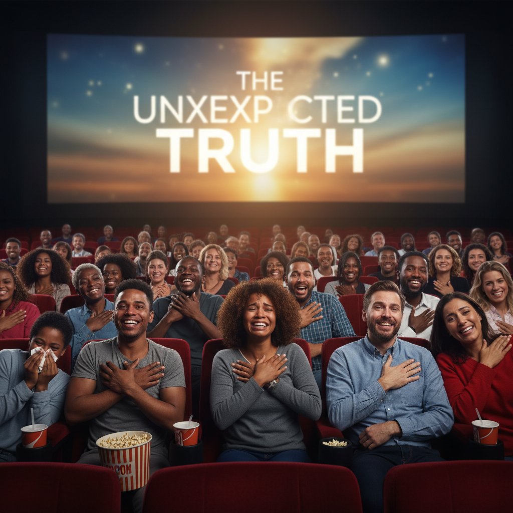 A packed cinema audience reacts with intense emotion to a powerful new movie.