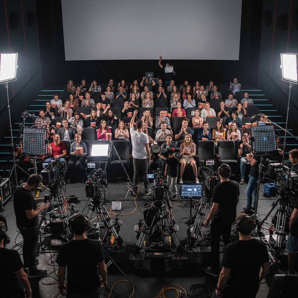 Cinema audience captivated by a film, with overlay of film crew at work, immersive lighting, behind the scenes movies