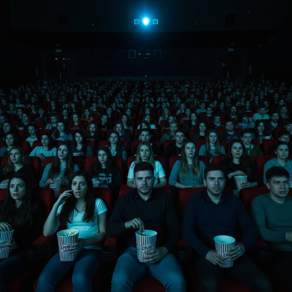 Audience watching suspenseful scene in theater, faces lit by screen, reacting to movie disguise movies