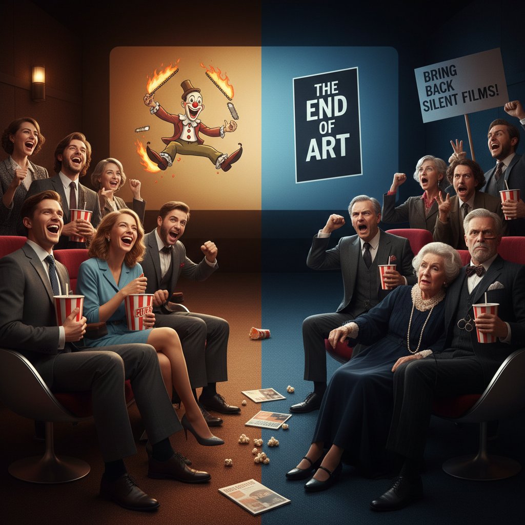 Stylized, tense scene of opposing audience reactions in a cinema, half laughing, half outraged; high-contrast lighting