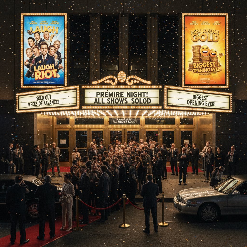 Photo of a cinema entrance with a massive crowd for a comedy premiere, illustrating box office success