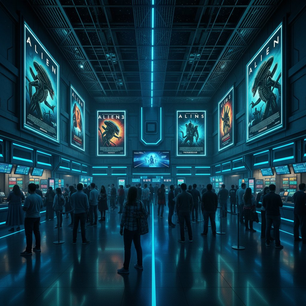 Photo of a busy cinema lobby with alien movie posters and long ticket lines
