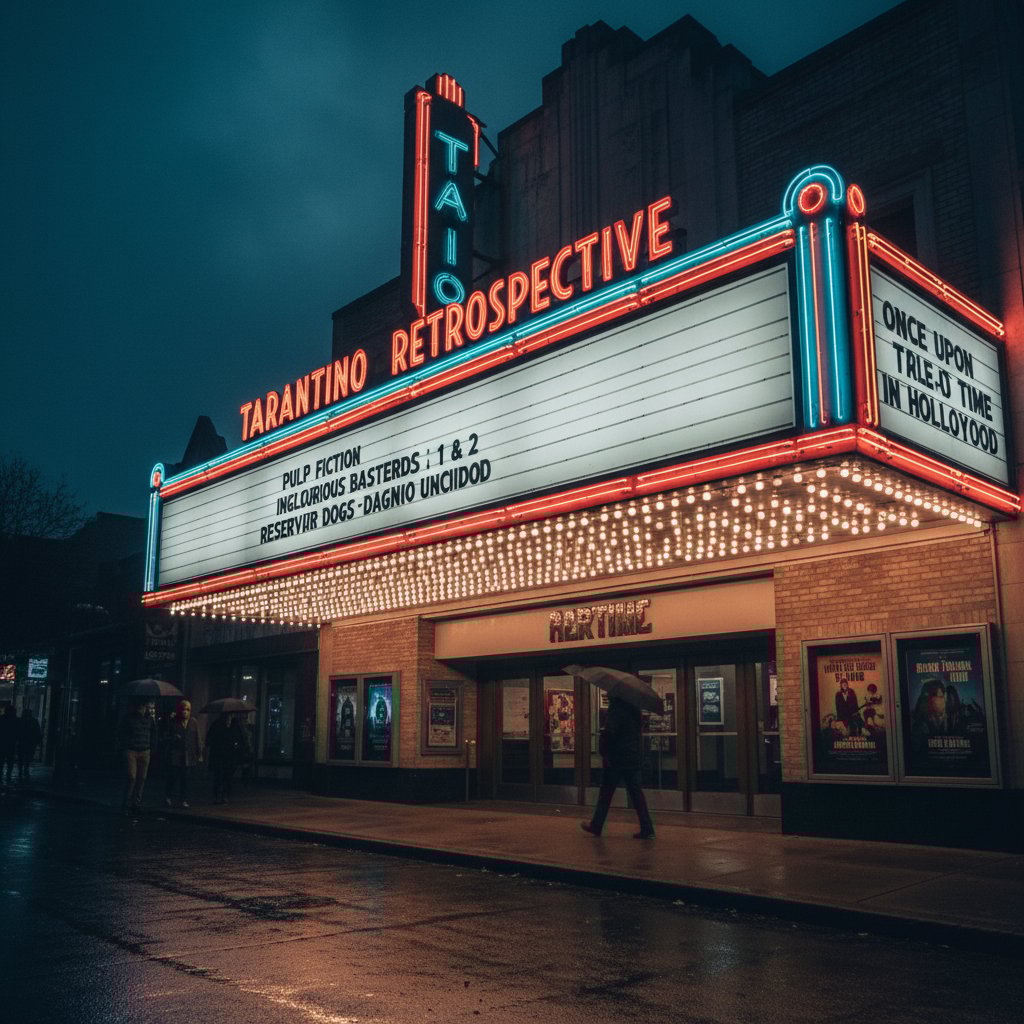 Cinema marquee at night with Quentin Tarantino retrospective sign