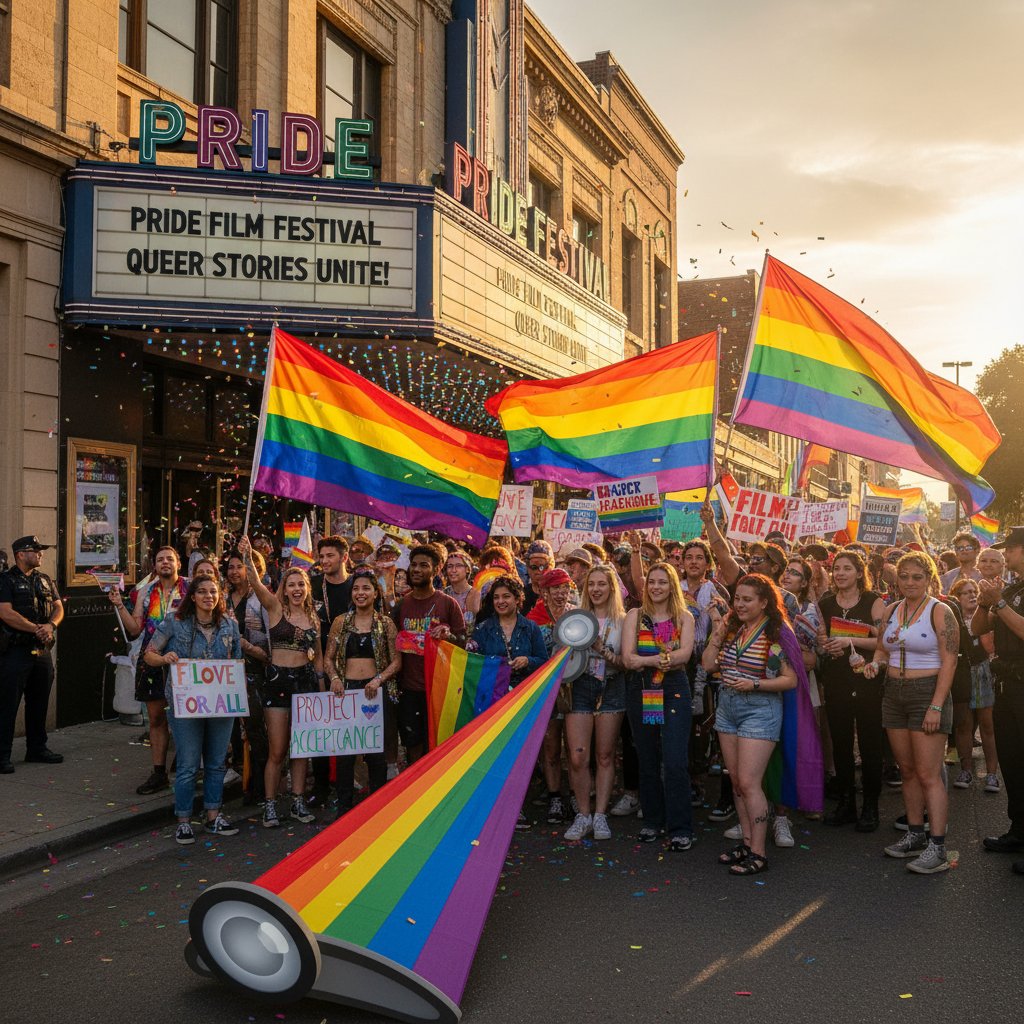 Cinema protest over pride movie screening with rainbow flags and placards