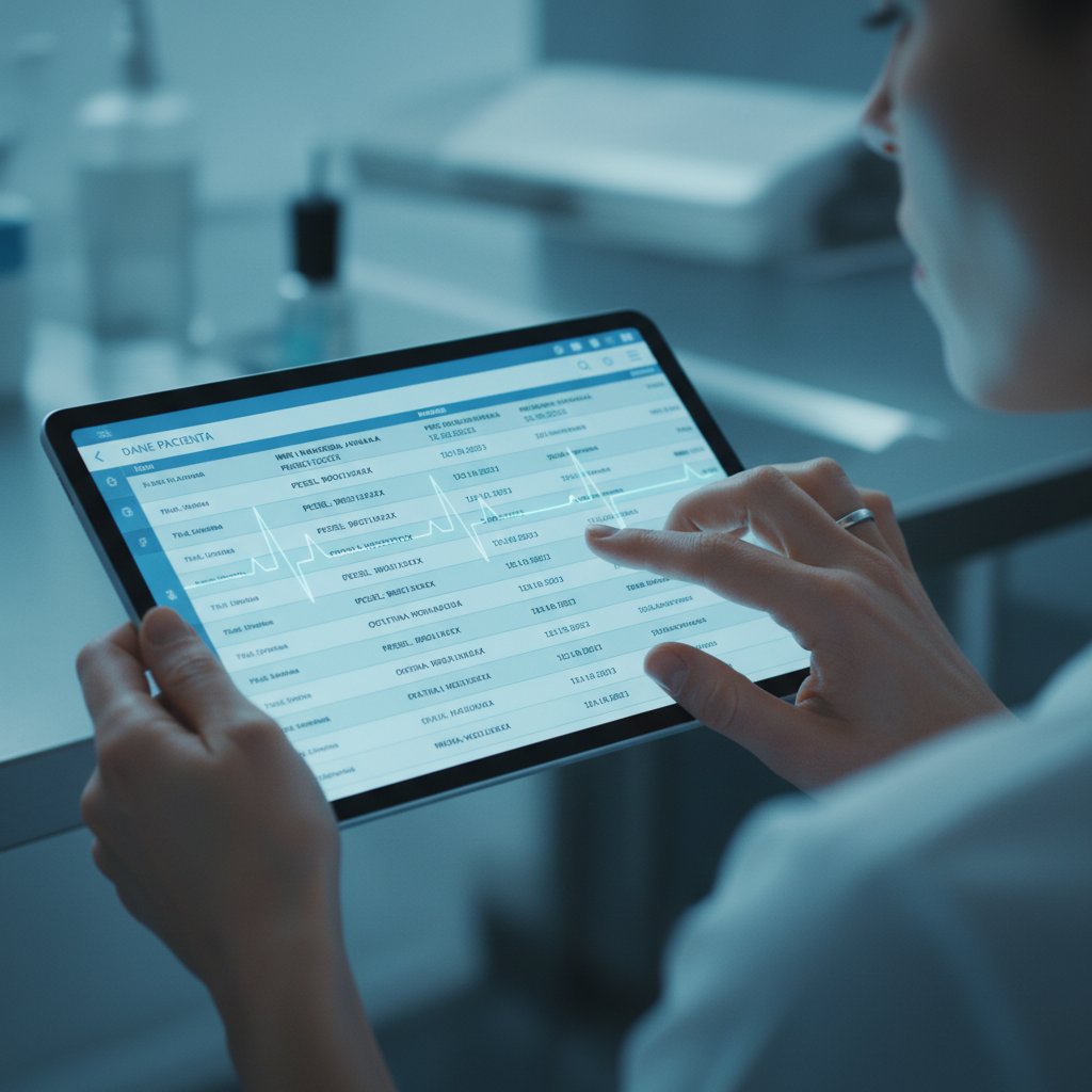 Asystent cyfrowy z tabletem w polskiej przychodni, nowoczesna technologia