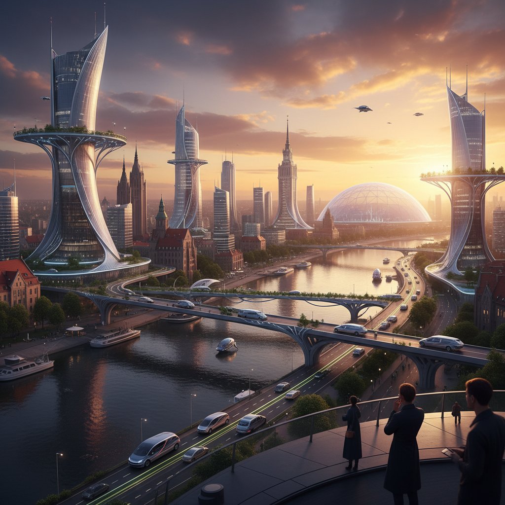 Futurystyczna panorama polskiego miasta z EV, dynamiczny zachód słońca, niejednoznaczna atmosfera