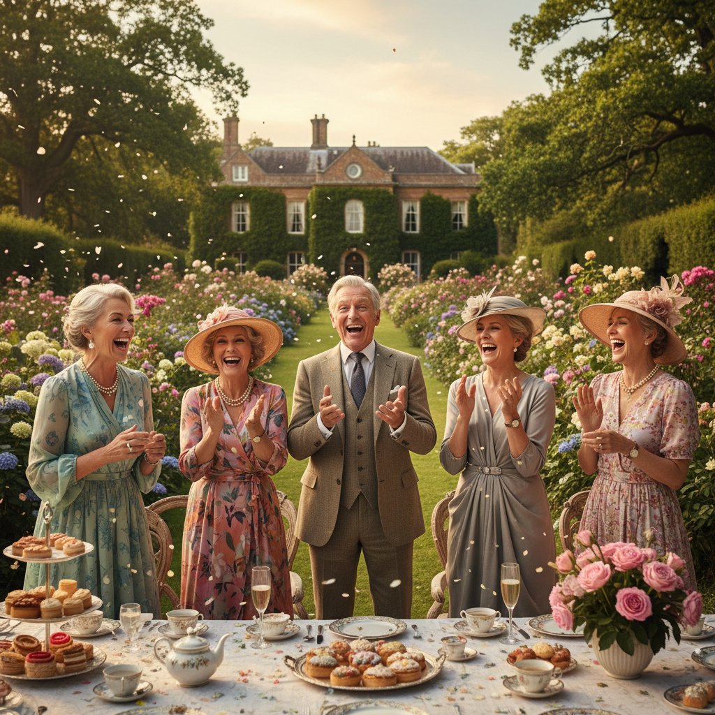 Retirement movie comedy scene with retirees laughing together at a garden party