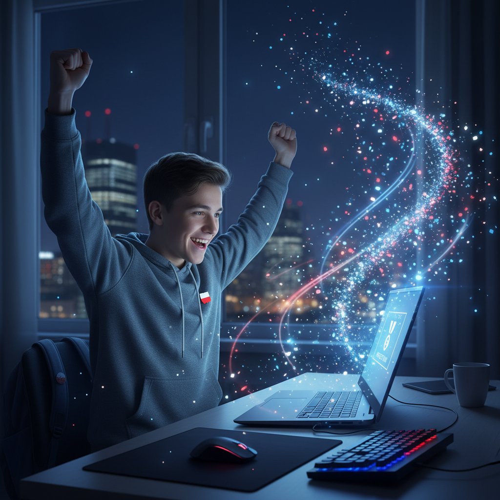 Uczeń świętujący sukces po korepetycjach online na Windows