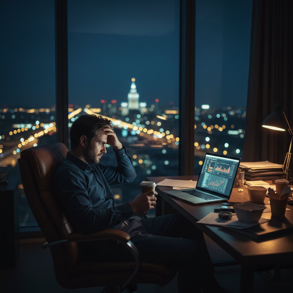 Zmęczony menedżer patrzący w ekran laptopa nocą – rzeczywistość wypalenia zawodowego