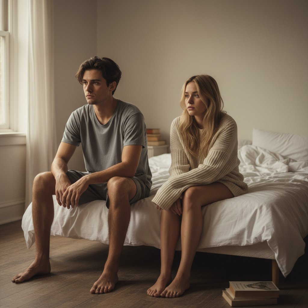 Dwoje młodych ludzi siedzi na łóżku, patrząc w przeciwnych kierunkach, miękkie światło, atmosfera skrępowania i wrażliwości