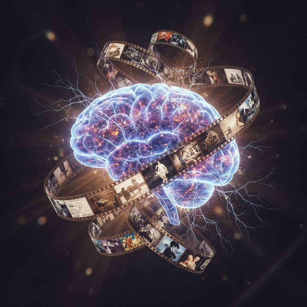 Cinematic brain scan with film reel imagery, symbolizing the impact of layered movies on viewer’s mind