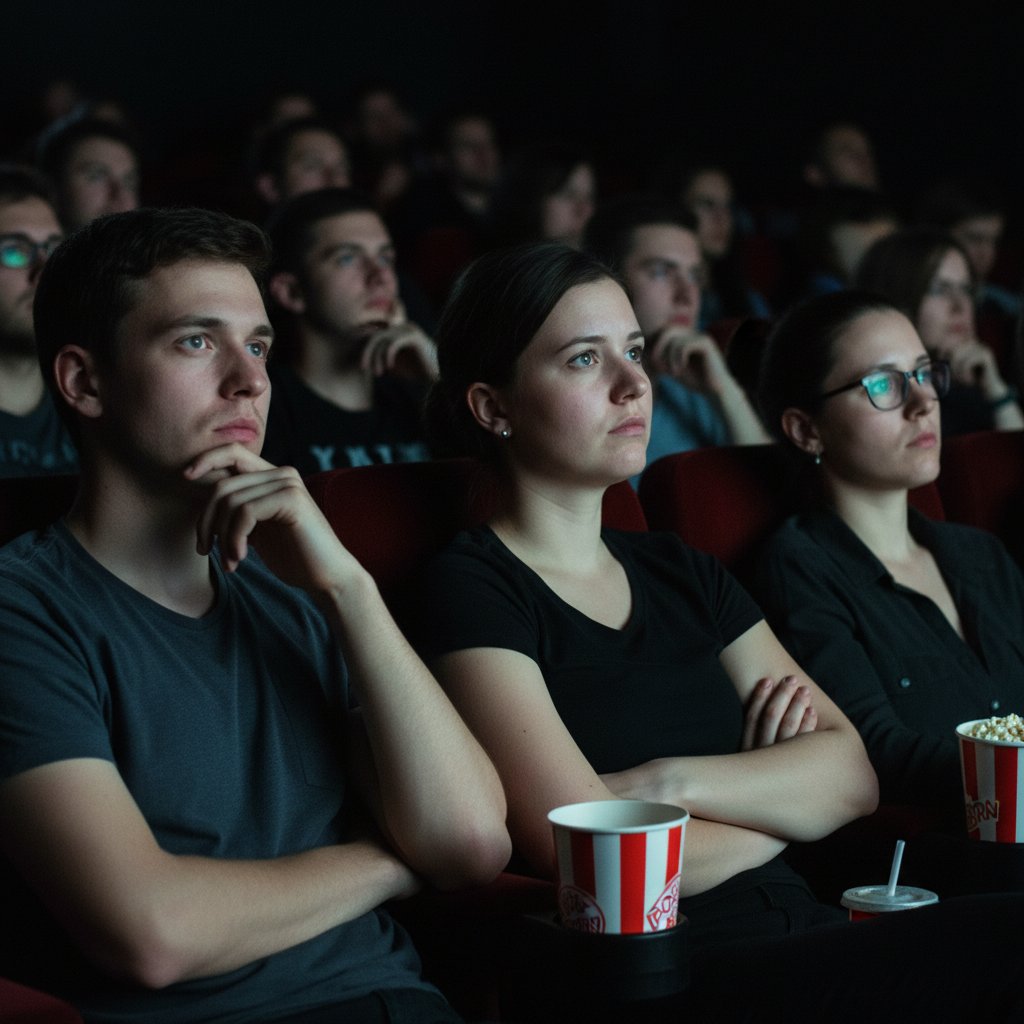 Cinematic close-up of audience in a dark theater, faces lit by the screen, some looking pensive, hinting at subconscious processing