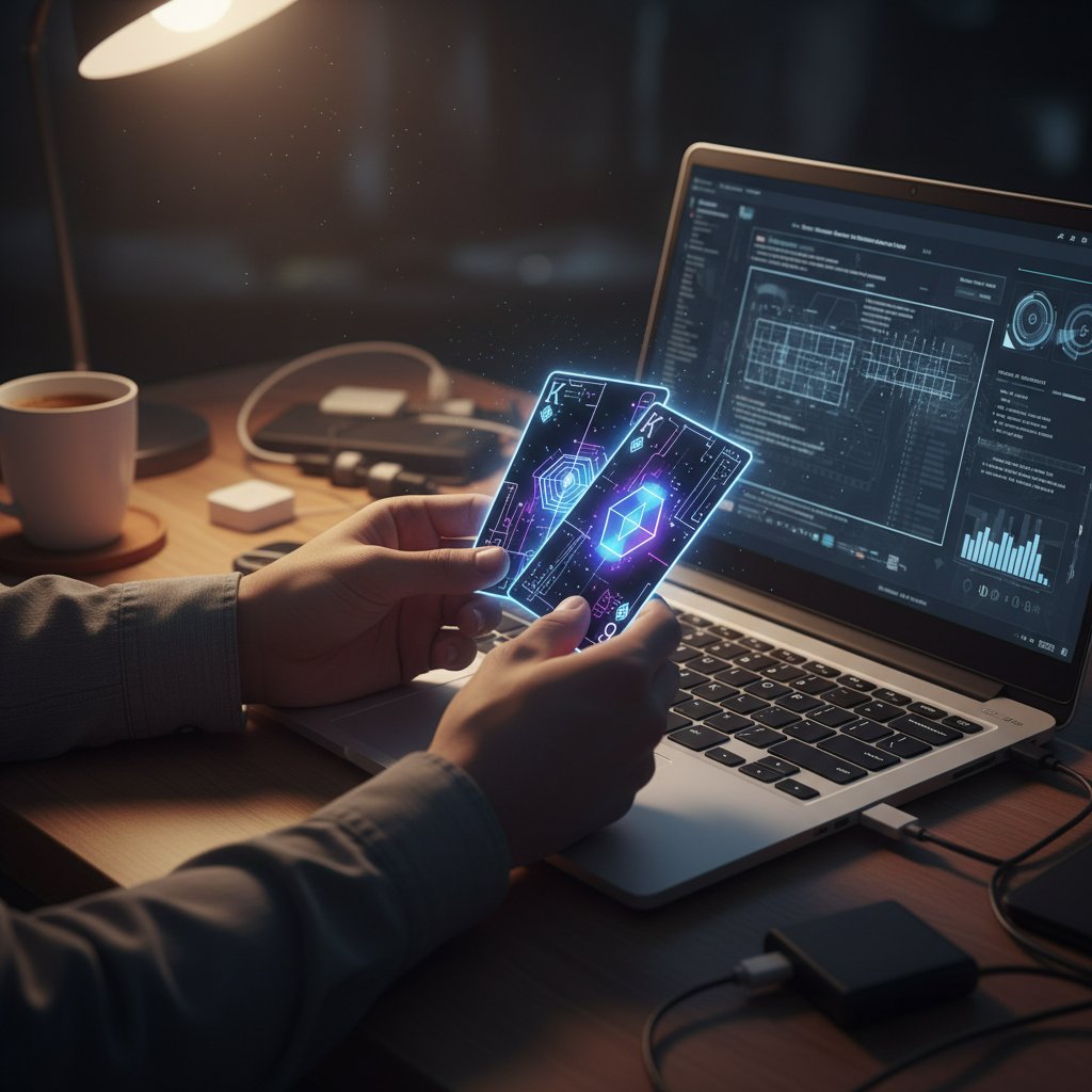 Hände ziehen digitale Tarotkarten am Laptop bei Nacht, stimmungsvolle Szene